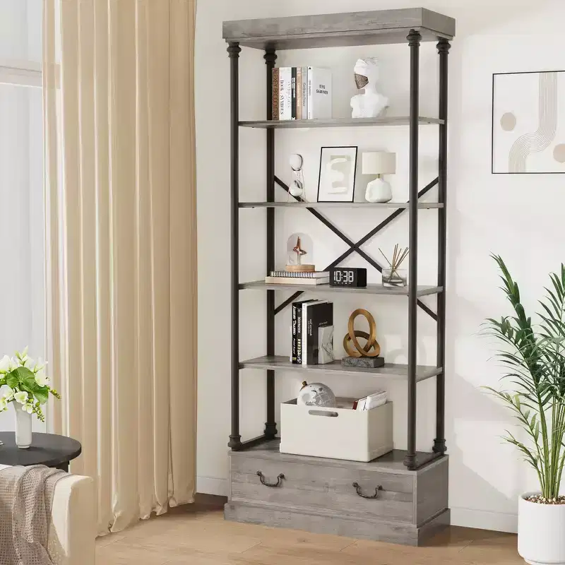 COZONY 5-Tier Vintage Bookshelf with Drawer - Industrial Tall Bookcase Storage Shelf with Metal Frame for Living Room, Office