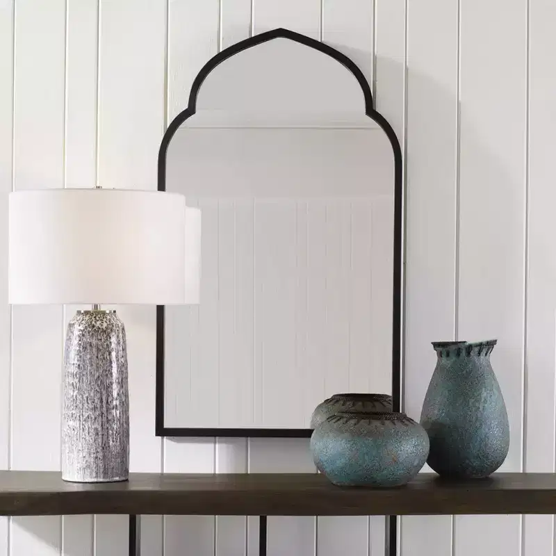 Arch Vanity Decorative Wall Mirror – Matte Black Forged Iron Frame, 24