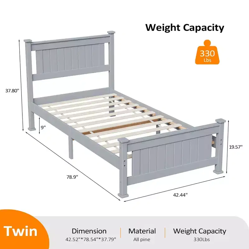 VINGLI Twin Bed Frame Solid Wood Platform Bed Frame, Single Panel Bed with Headboard, No Box Spring Needed Panel Bed, Wood Slat Support, Gray