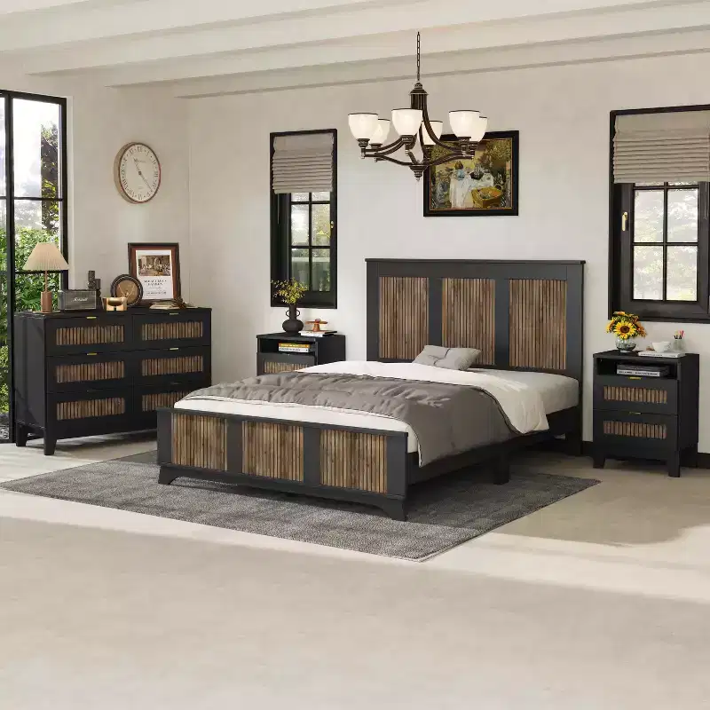 MAYEERTY 4 Pieces Bedroom Set, Queen Size Platform Bed with Wooden Strip Stickers Decor Storage Nightstand and Dresser Metal Handle for Bedroom Black
