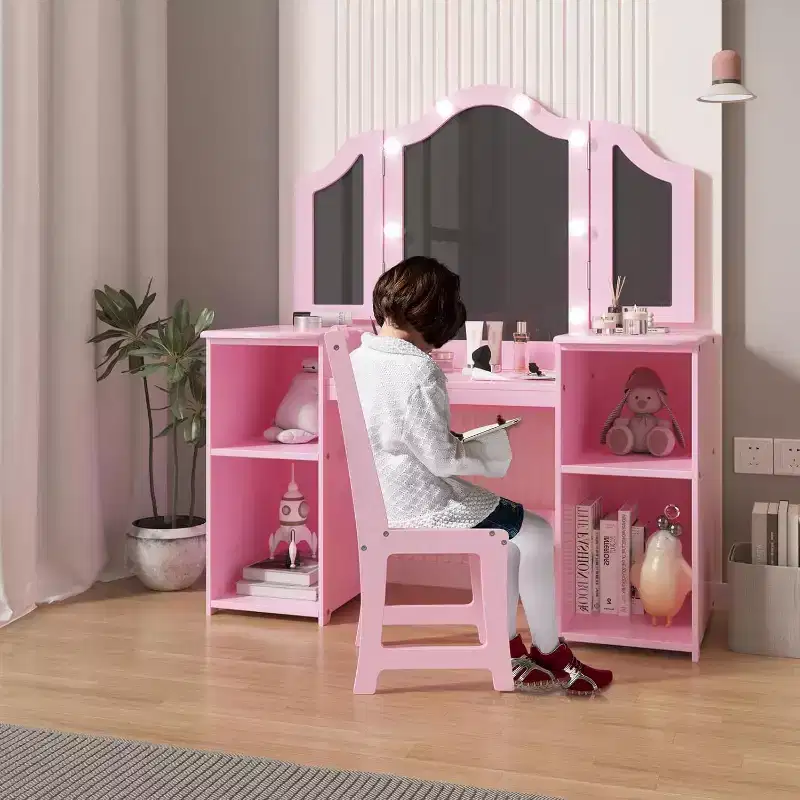 2-in-1 Girls Vanity Table and Chair Set, Tri-Folding Mirror, Large Storage, Touch Mirror, Easy Assembly, for Kids Bedroom, Pink and White