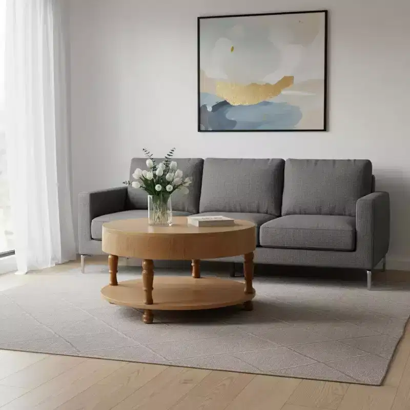 32 Natural Wood Round Coffee Table with Hidden Storage and Shelf