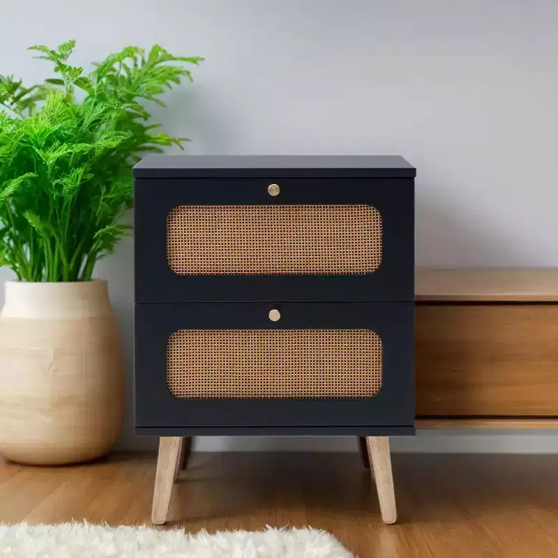 Mid-Century Modern Nightstand LED/Night Light Drawer Storage Door Cabinet Rattan Detail Wood & Rattan (W2282P220561)