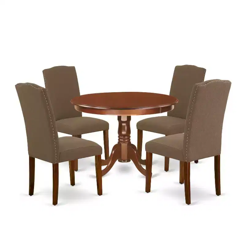 Round Dinette Set 5Pc - 42 Inch Table & 4 Chairs - Linen Fabric - Dark Coffee Finish