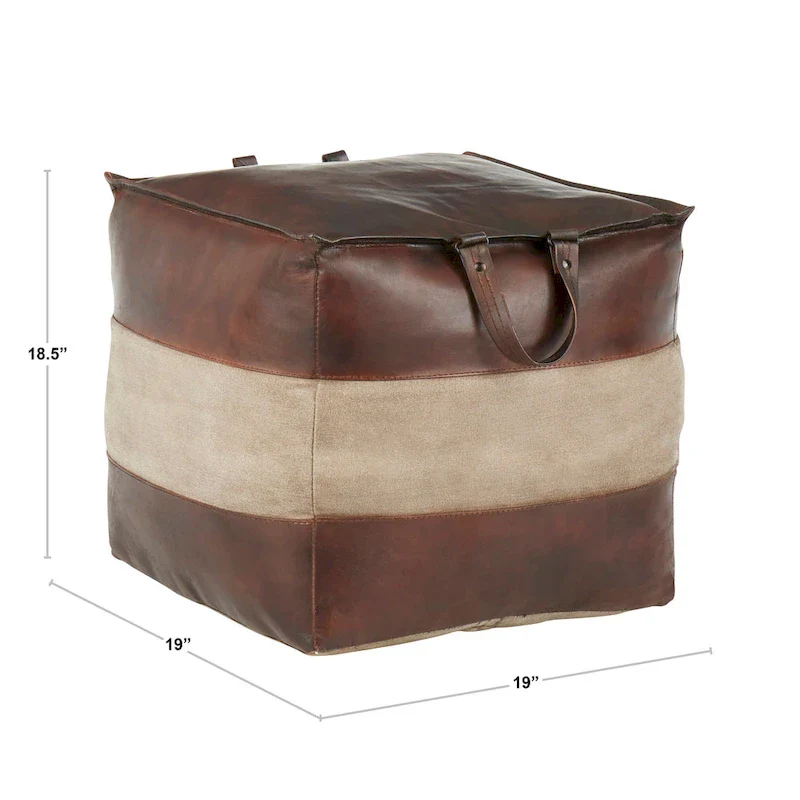 Leather & Canvas Pouf Ottoman – Brown/Tan, Black/Grey, Espresso/Tan – 1 Person