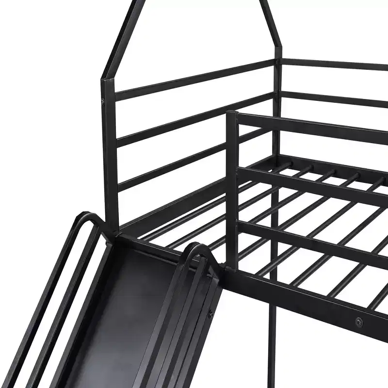 Twin over Twin Metal House Bunk Bed with Convertible Slide and Ladder