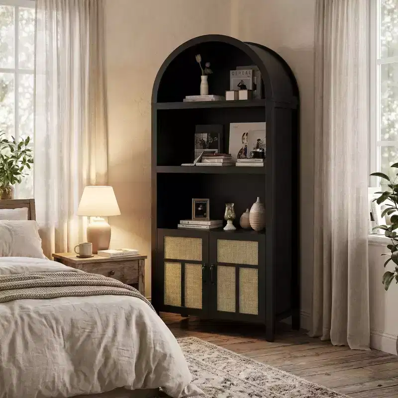 Arched Bookshelf Storage Cabinet with Rattan Doors