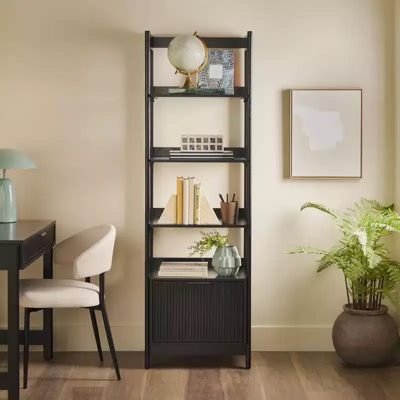 Black Narrow Tall Bookshelf with 4 Open Shelves and Reeded Drawer, Single