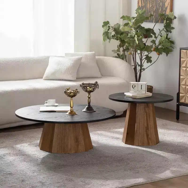 Round Coffee Table with Real Bark Pattern Veneer and Sturdy Pedestal Base