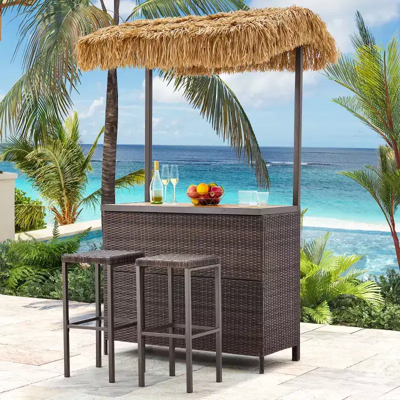 EROMMY Outdoor Tiki Bar Set, Wicker Patio Bar w/2 Stools, Storage Shelf for Backyard Poolside Garden