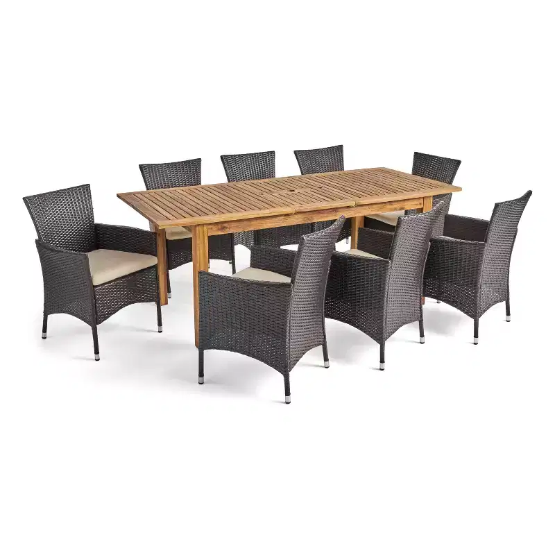 GDFStudio Aloha Outdoor Acacia Wood and Wicker 9 Piece Expandable Dining Set, Sandblasted Natural/Multibrown
