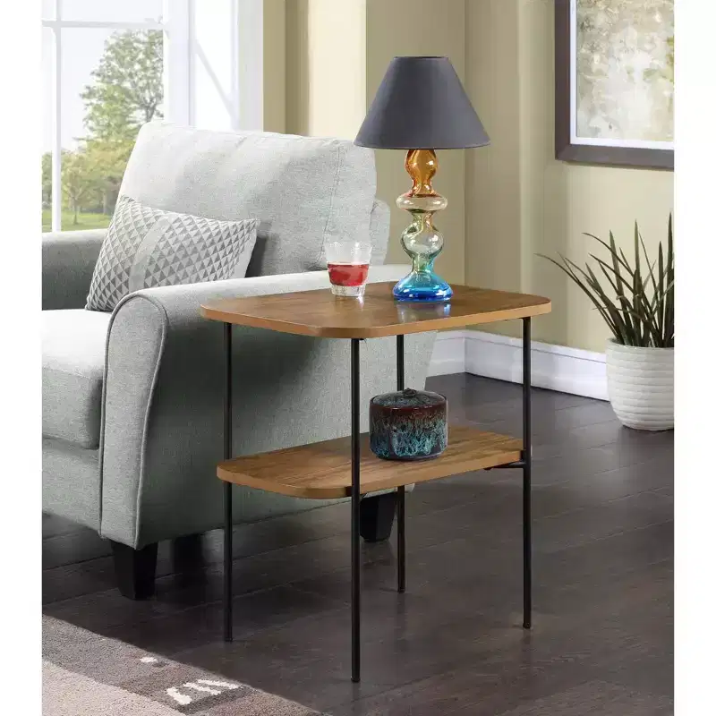 HomeStock Belmont Chairside End Table with Shelf Retro Glam Accent Furniture Hairpin Metal Legs Two-Tier MDF Shelves Birch Veneer Finish