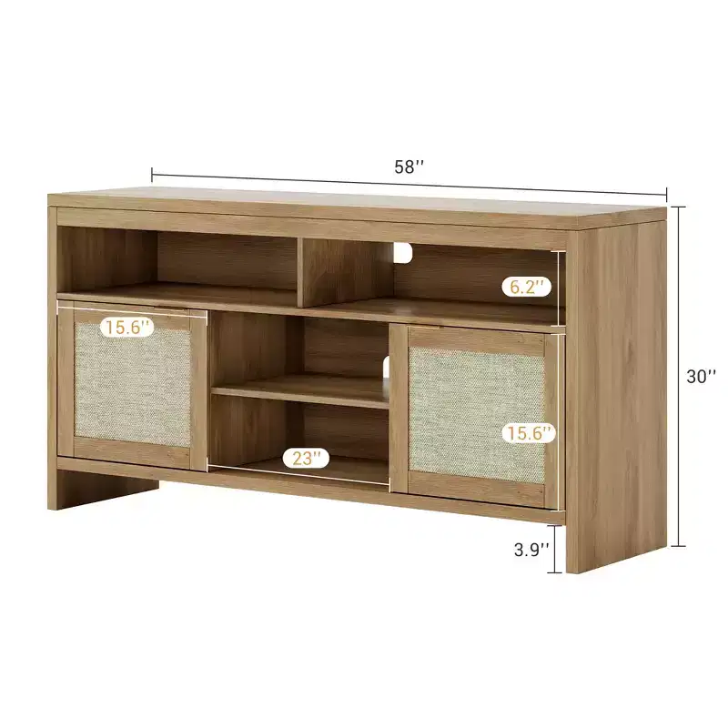 Rattan TV Stand for TV up to 65 Inch,58 Boho Entertainment Center with Storage, Wooden Media TV Media Console Cabinet with Adjustable Shelves