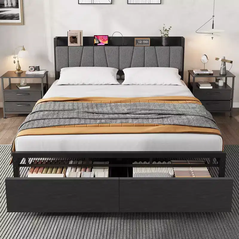 Queen Size Bed Frame with Upholstered Headboard, Storage Drawers and Charging Station
