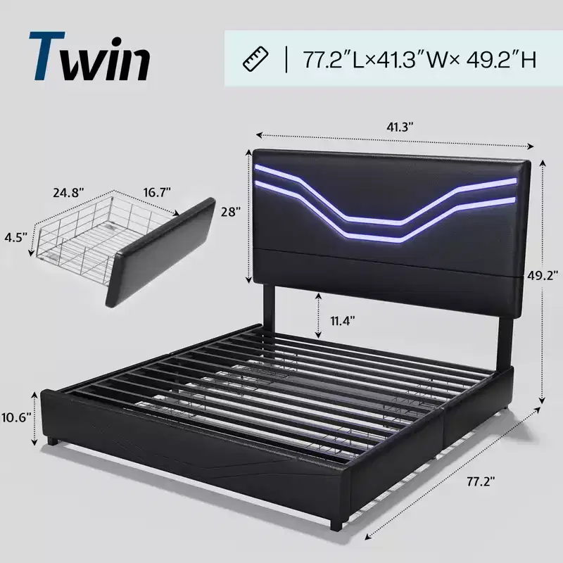 AMERLIFE Bed Frame with LED Lights and Storage Drawers, Leather Upholstered Headboard, No Box Spring Needed