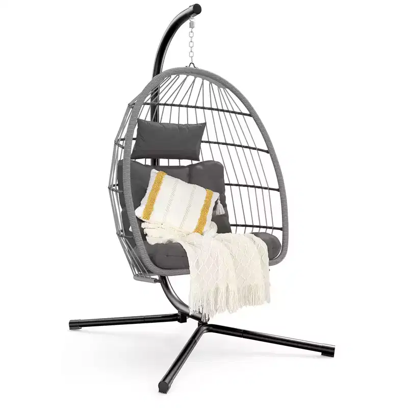 Indoor Outdoor Hanging Egg Chair with Stand, Patio Wicker Swing Egg Chair with Cushion 350lbs Capacity