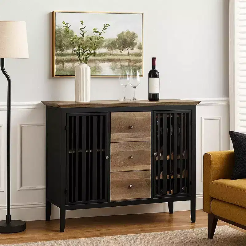 Royal Hampton 47 Inch Sideboard Buffet, 3 Drawers, Antique Oak Brown and Black