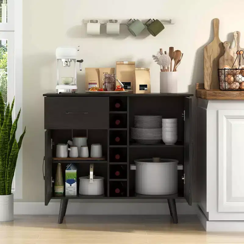 2-Door Wine Bar Cabinet Kitchen Sideboard Buffet with Drawer & Adjustable Shelves Black/Natural