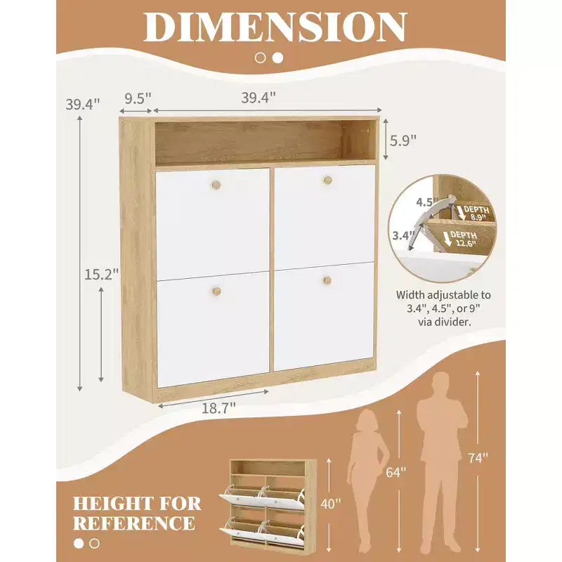 COZONY Narrow Shoe Cabinet 4 Flip Drawers - Wooden Organizer with Open Shelf for Slippers, Sneakers, Heels, Entryway, Hallway, Porches