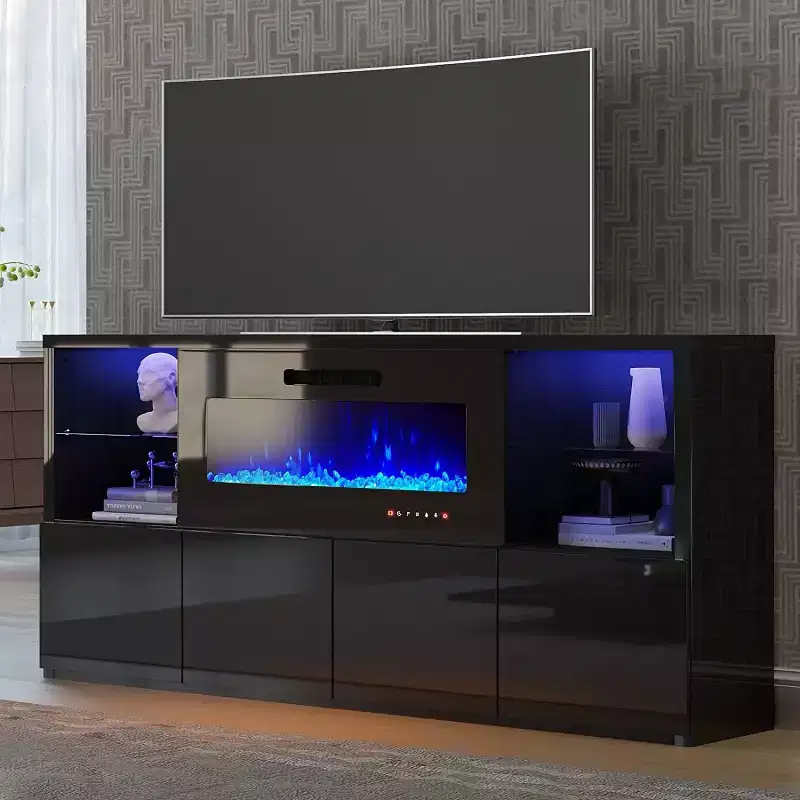 AMERLIFE 68 High Gloss Fireplace TV Stand with 40 Fireplace with LED Lights for TVs up to 78