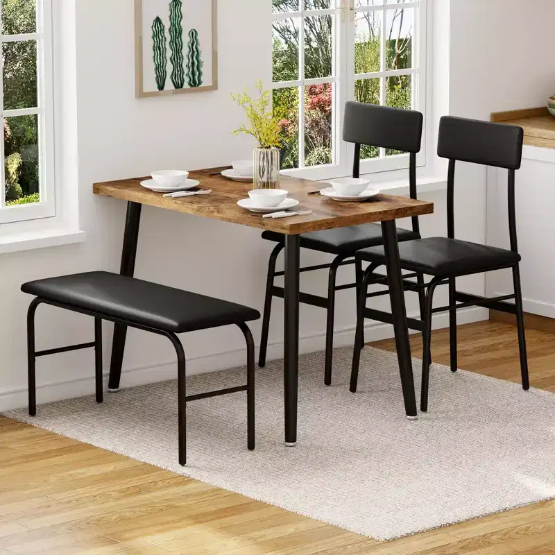 Dining Table Set for 4, Kitchen Table Set with Upholstered Bench 2 Chairs, Breakfast Table for Samll Space, Dining Room, Apartment, Restaurant, Brown