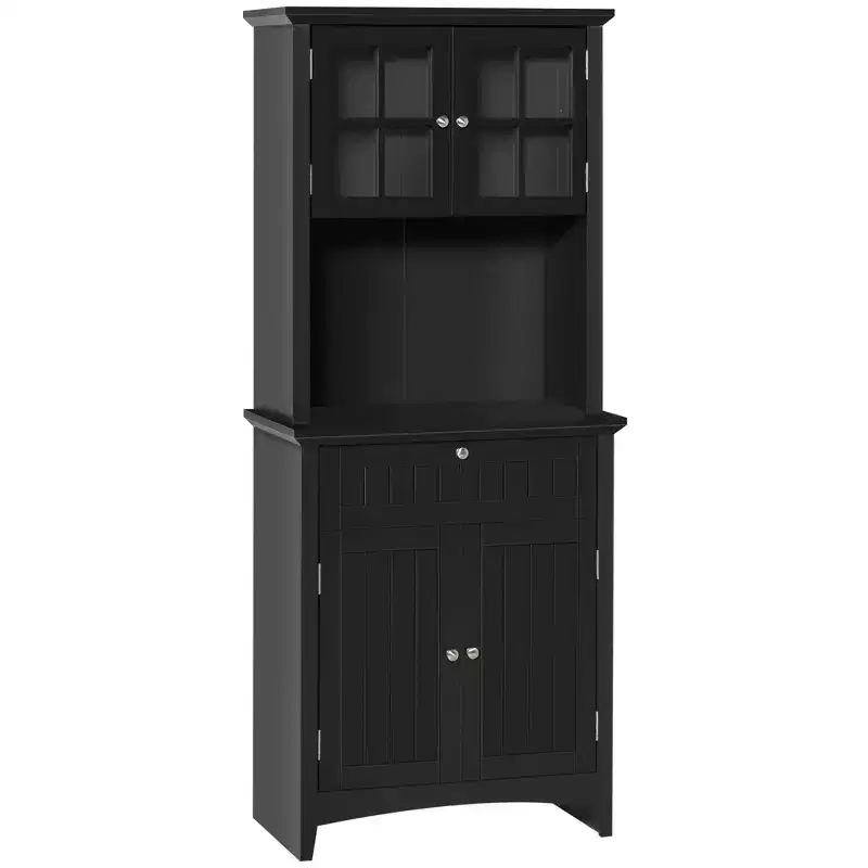 Elegant Buffet with Hutch, Kitchen Pantry Storage Cabinet with Framed Glass Door Drawer and Microwave Space