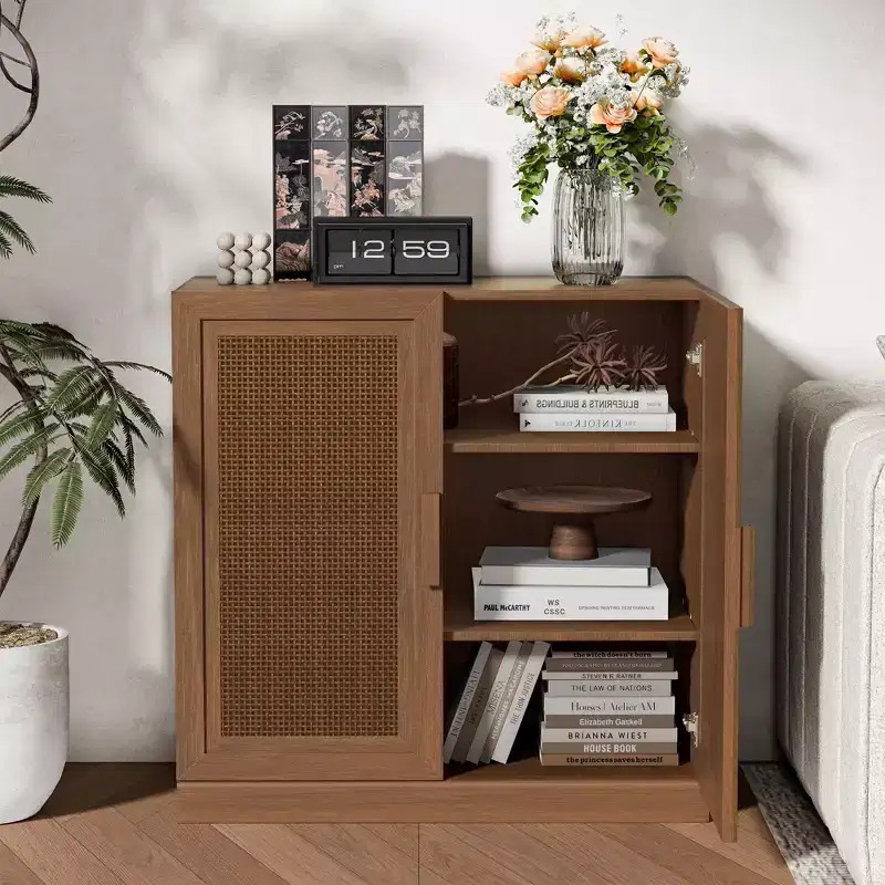 Light Walnut Rattan Door Storage Cabinet, 2 Shelves, 1-Person