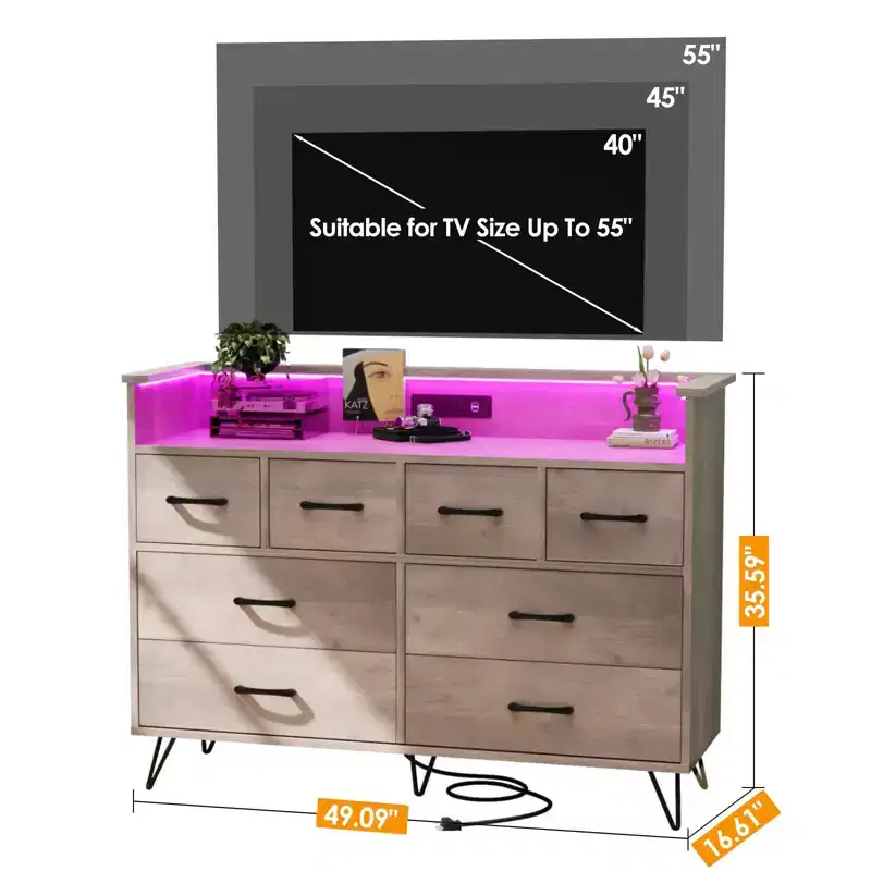 8-Drawer Dresser with Power Outlet, LED Lights & Gold Handles, Modern Wood Chest, White