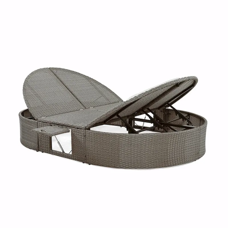 Rattan Patio Daybed with Cushions, Reclining Chaise Lounge, Foldable Trays