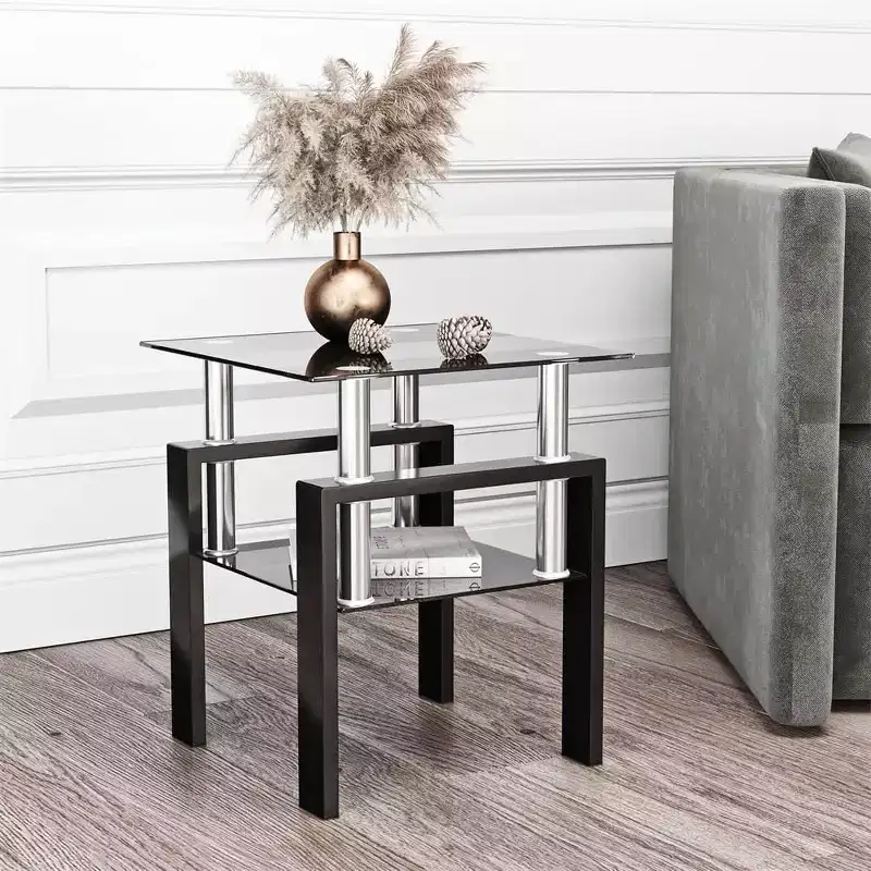 Modern Coffee Table, Tempered Glass Center Tea Table, 2-Tier Coffee Table with Storage Shelf, Square Table for Living Room Home Office Small Space
