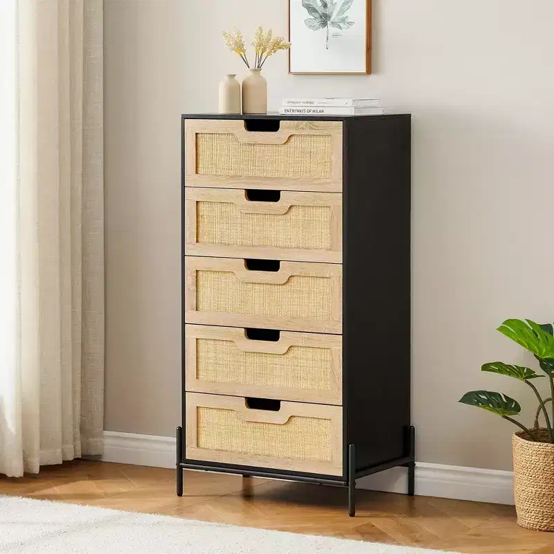 Natural Rattan Dresser, Wooden Chest of Drawer, Farmhouse Storage Cabinet, Bedroom Dresser
