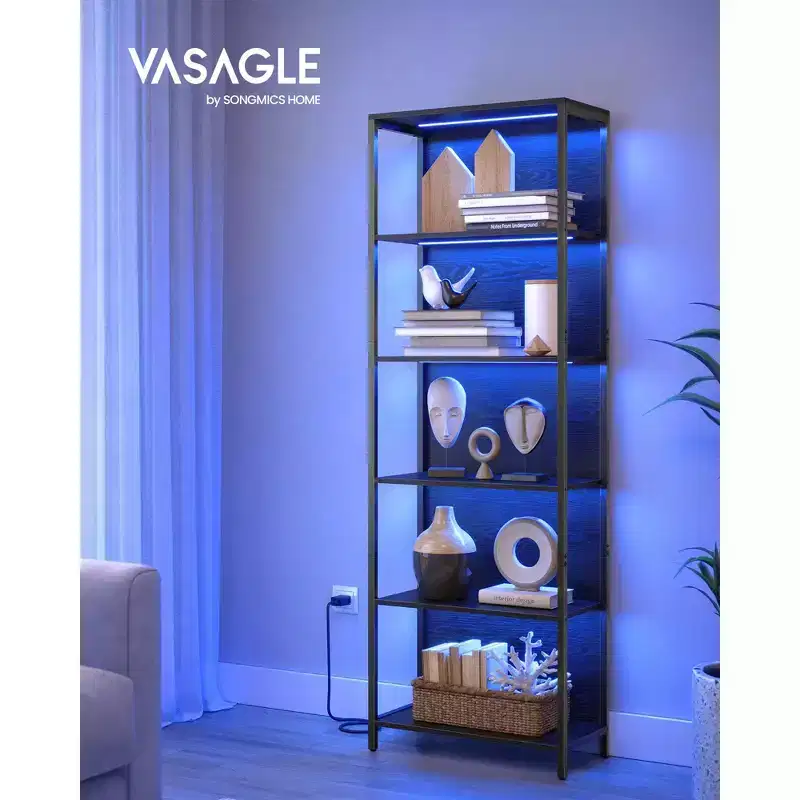 VASAGLE 6-Tier LED Bookshelf, Display Shelf with Dimmable Lights, LED Bookcase with Steel Frame, 11.9 x 23.6 x 70.3 Inches, Black with Wood Grain