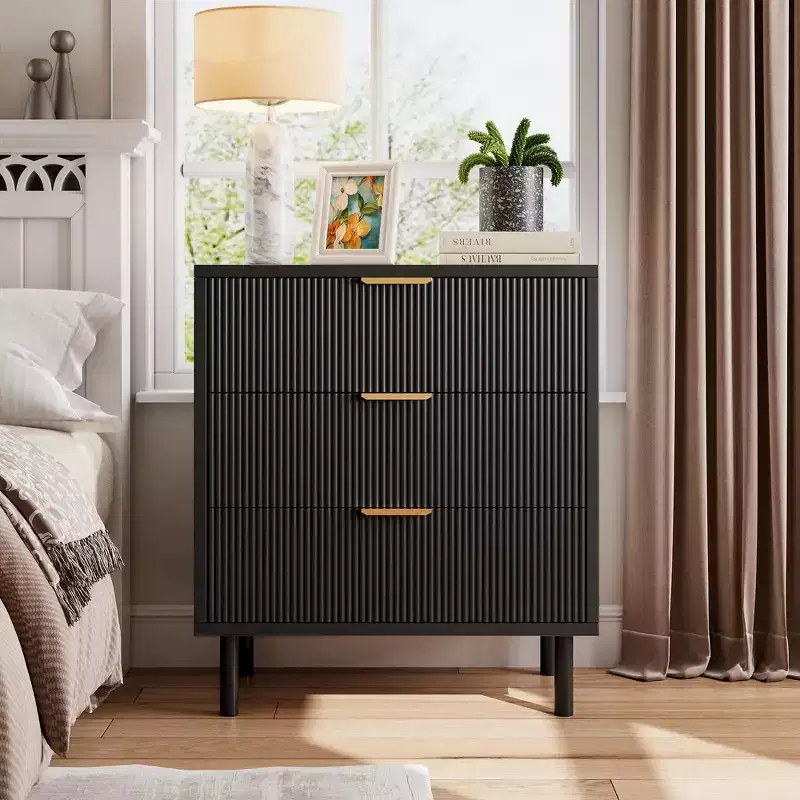 Fluted 3 Chest of Drawers, Wide Wood Drawers Dresser, Modern Storage Dresser Chest of Drawers Organizer for Bedroom Living Room