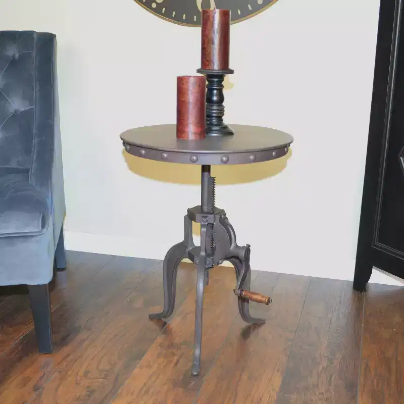 Carolina Living Tanvi Adjustable Crank Accent Table Industrial: 24 High, Round Metal, 18 Wide