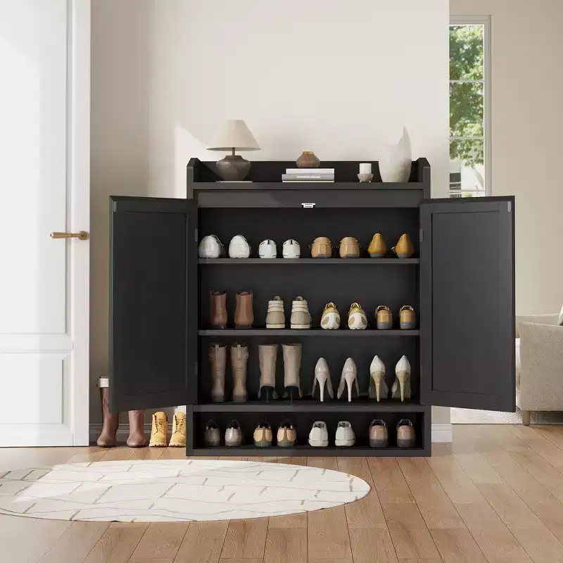 Rattan Shoe Cabinet with 2 Doors, 5-Tier Shoe Storage Cabinet with Adjustable Shelves, Wooden Shoe Storage Organizer for Entryway, Hallway, Black