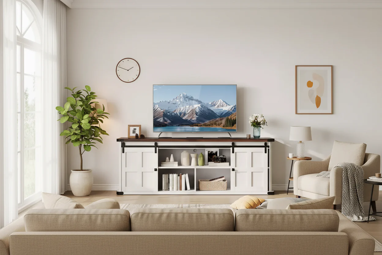 TV Stand for 75 in TVs, Farmhouse Entertainment Center with Sliding Barn Doors & Storage Cabinets, Modern TV Console Table for Living Room Bedroom