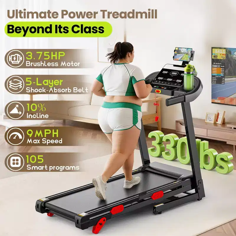 Folding Electric Treadmill for Home,3.5HP Quiet Brushless Home Treadmill w/ Incline,9 MPH,6 LCD Screens, 105 Programs,Treadmill with Heart Rate Sensor