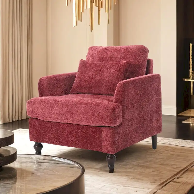 Chenille Single Sofa Chair, Upholstered Accent Chair with Soft Pillow, Mid Century Modern Reading Armchair