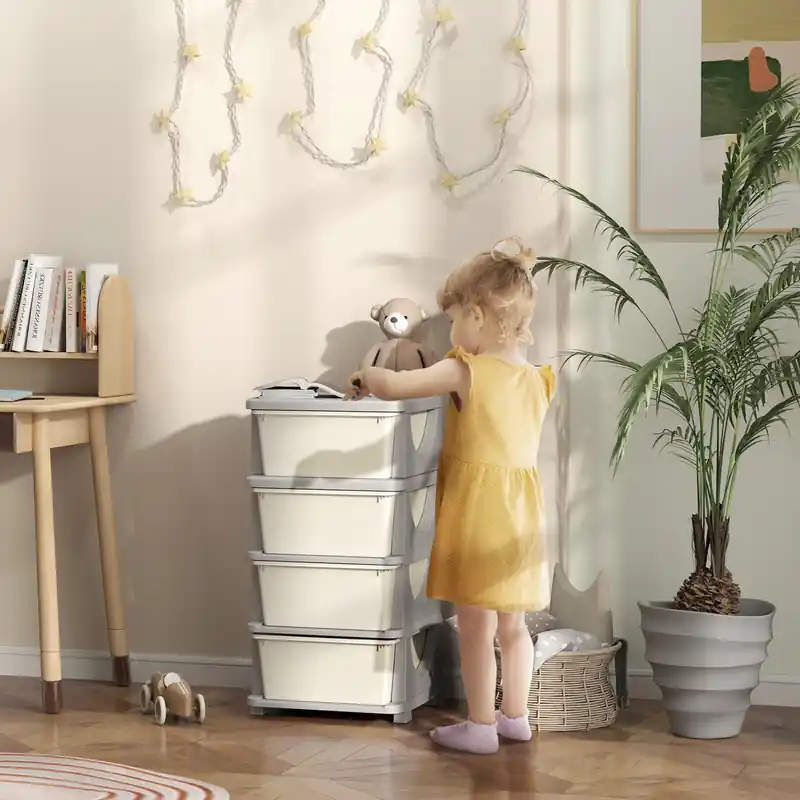 Kids Toy Storage Organizer With 4 Plastic Bins, 4 Tier Drawer Chest For Kids Bedroom Nursery Kindergarten Living Room, Cream White