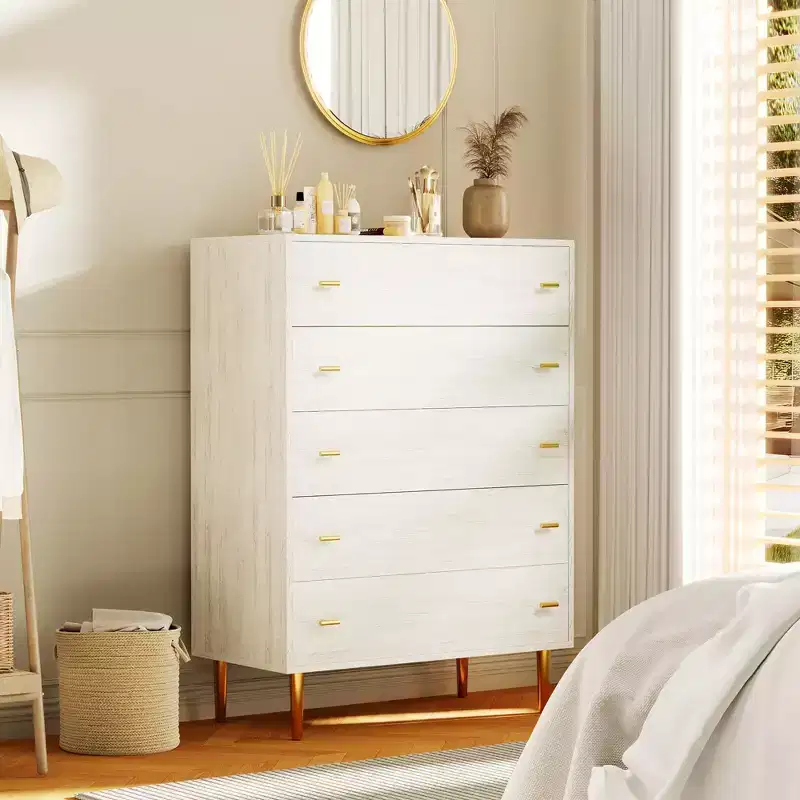 5 Drawers Dresser for Bedroom, 44 Tall Wood Rustic Chest of Drawers with Bar Handles, Vintage Storage Organizer for Bedroom & Living Room