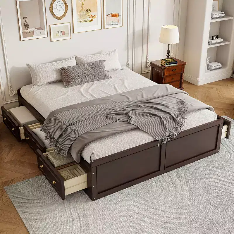 Queen Size Wood Platform Bed, Bed Frame with 6 Drawers
