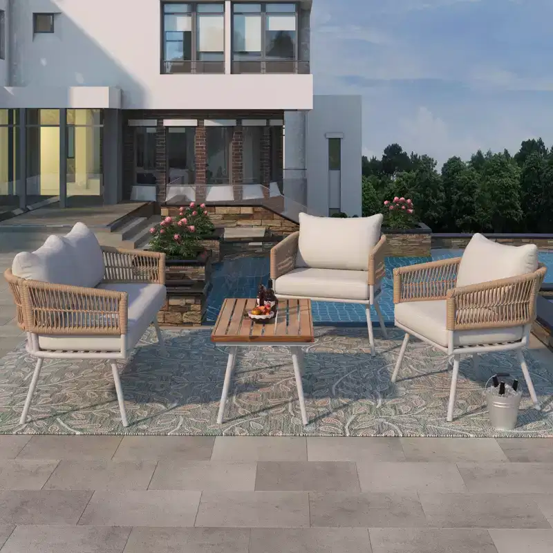 GDFStudio Shaun 4 Piece Boho Patio Conversation Set with Acacia Wood Coffee Table and Metal Seating