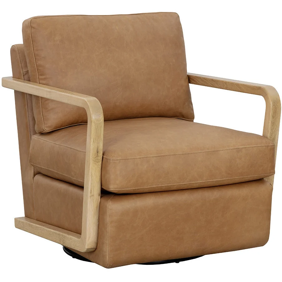 Clean-Line Sesame Leather & Rustic Oak Swivel Lounge Chair with Streamlined Silhouette for Living Room