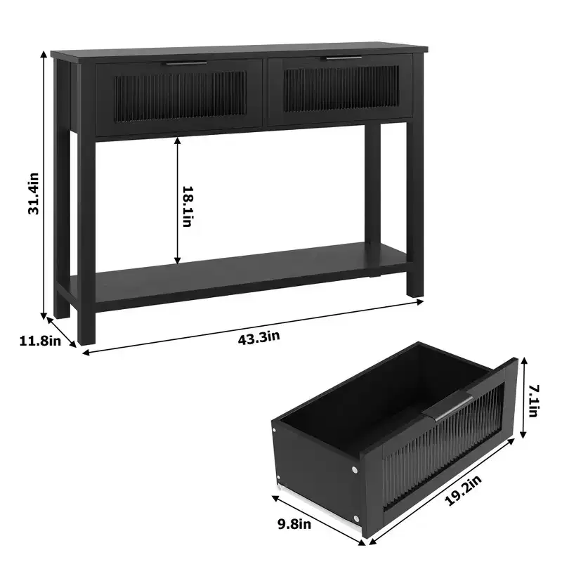 Entryway Table, Wood Console Table with 2 Glass Drawers, 2 Tier Sofa Table with Storage for Living Room, Foyer Tables for Entryway-Black
