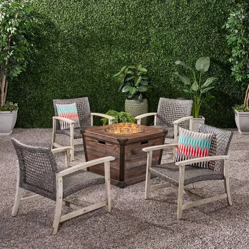 Hampton 5pc Wood & Wicker Club Chair Set with Fire Pit - Christopher Knight Home