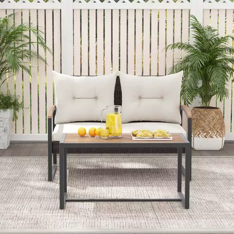 Costway 2 PCS Patio PE Wicker Furniture Set Loveseat with Acacia Wood Coffee Table Outdoor