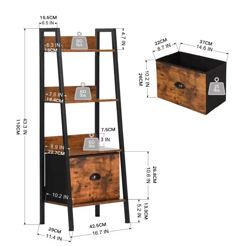 FurnitureR Rustic Ladder Shelf with Removable Fabric Drawer, Leaning Bookshelf & Plant Stand, Storage Organizer for Living Room, Home Office