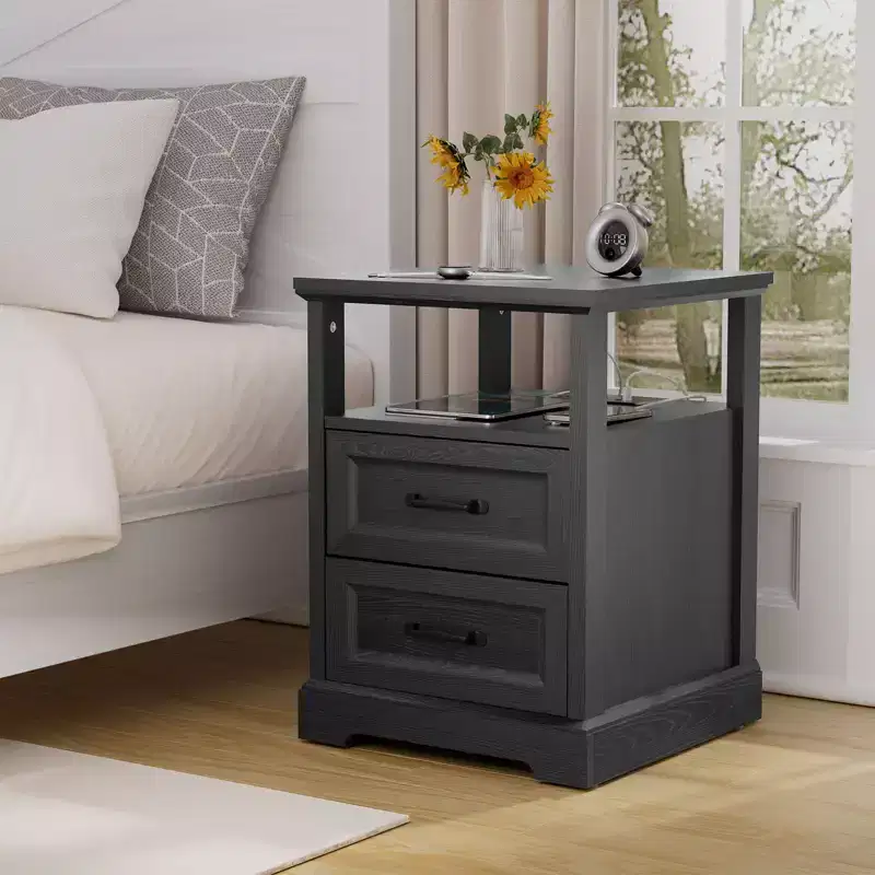 Modern Rustic Bedside Table Nightstand with Charging Station, 2 Drawers & Open Shelf