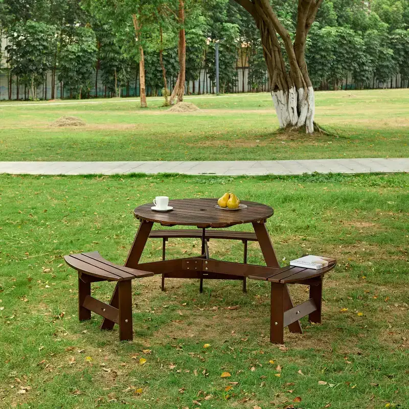 Whisen Outdoor 8 Person Round Picnic Table, Outside Table and Bench Set, Patio Dining Sets with 4 Built-in Benches, Umbrella Hole