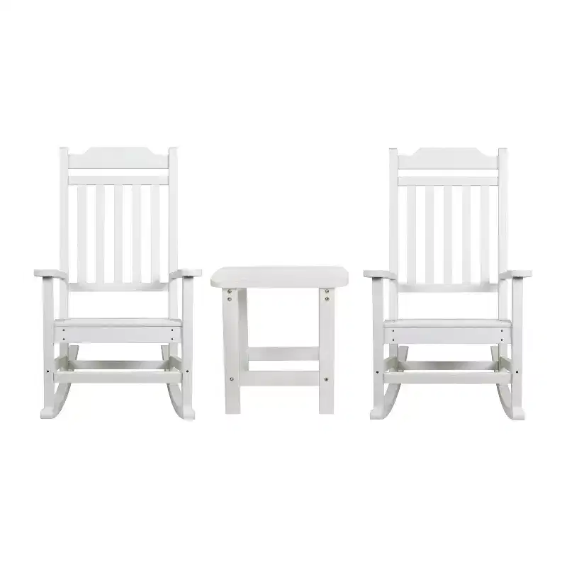 Emma and Oliver Set of 2 Indoor/Outdoor Poly Resin Rocking Chairs with Side Table